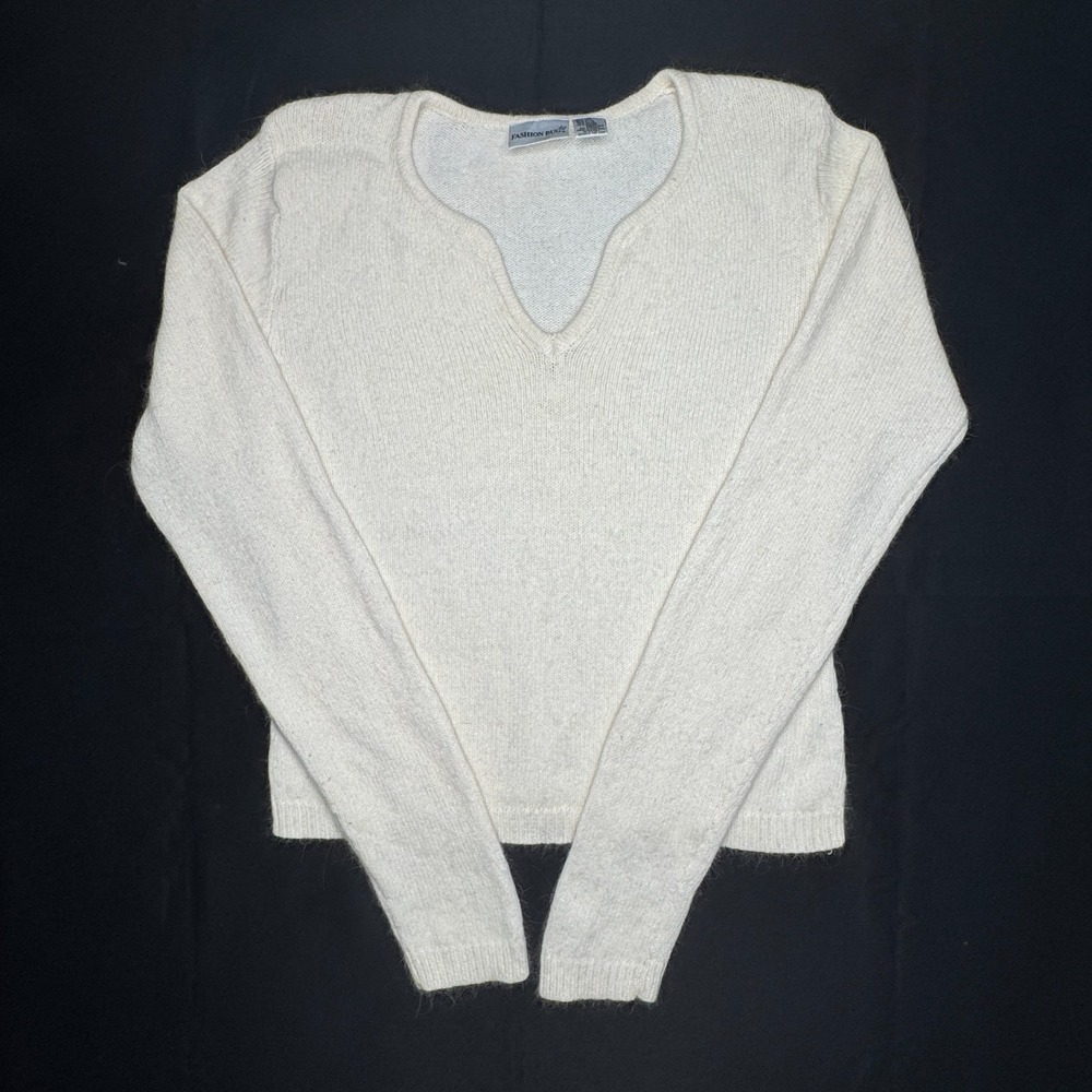 Vtg Fashion Bug Sweater Womens M Ivory Angora Blend Notch V Neck Long Sleeve 90s